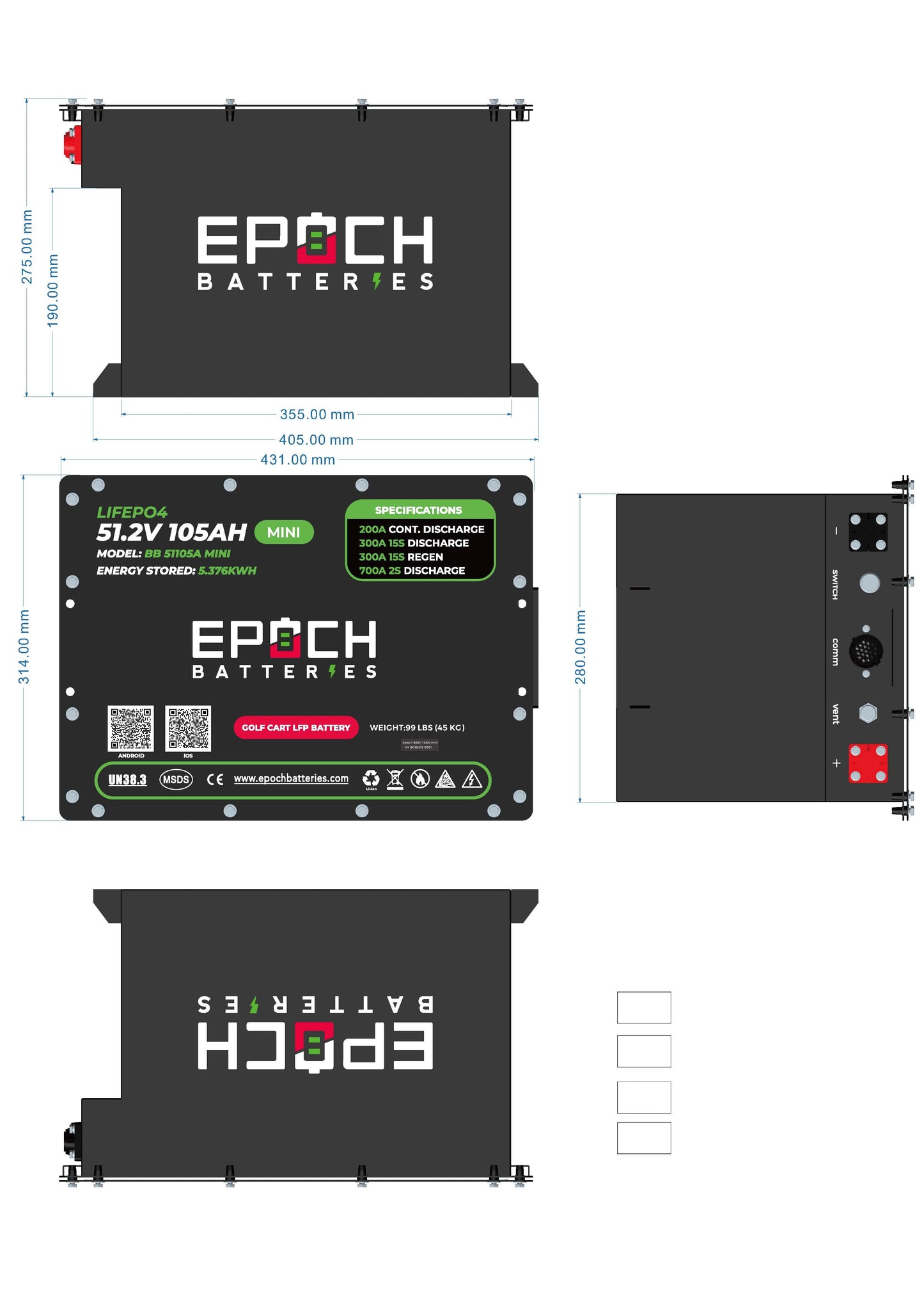 Epoch Batteries Club Car DS 48V 105Ah MINI - LiMax Series - Lithium (LiFePO4) Golf Cart Battery - Complete Kit