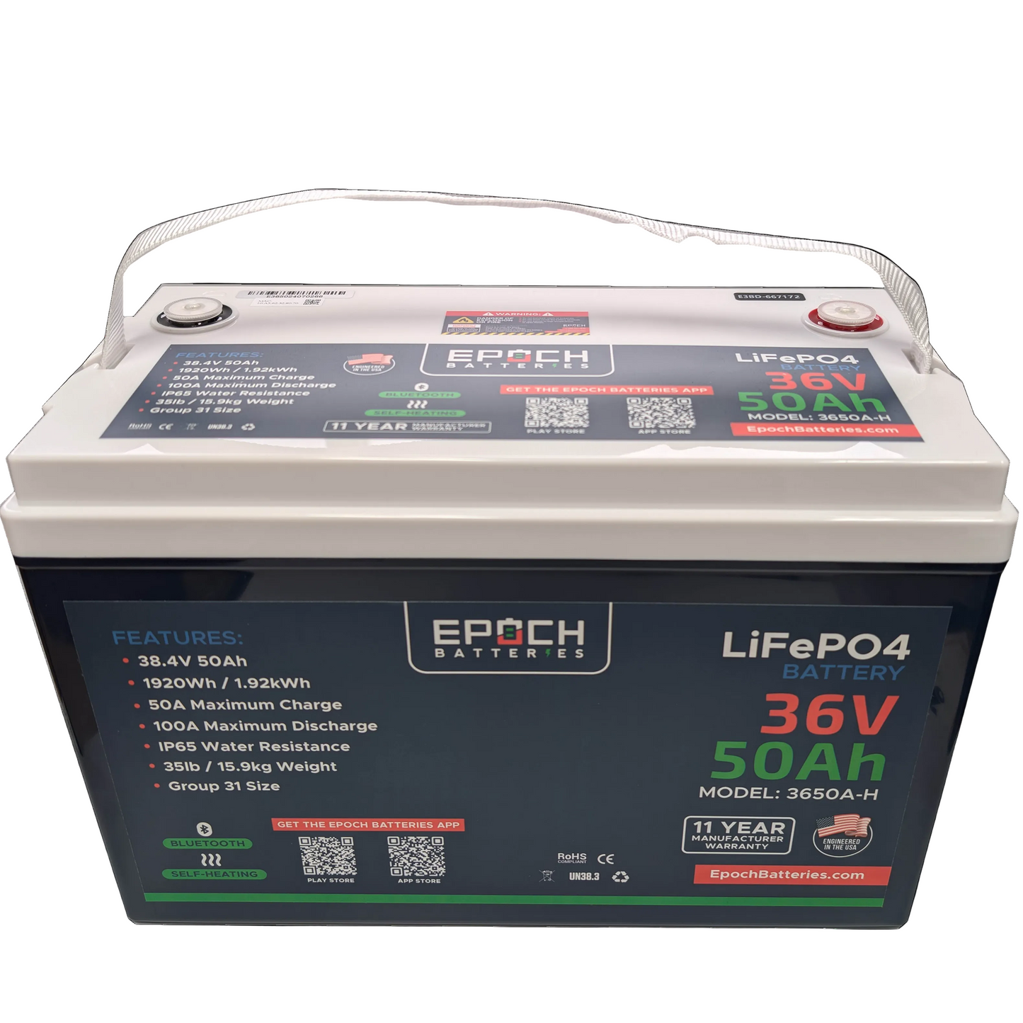 Epoch Batteries 36V 50Ah (1.92kWh) Essential Series - Bluetooth & Heated LiFePO4 Battery