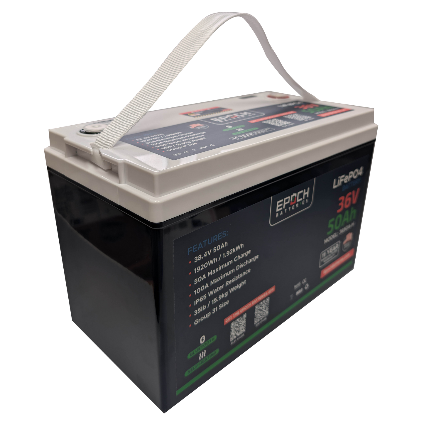 Epoch Batteries 36V 50Ah (1.92kWh) Essential Series - Bluetooth & Heated LiFePO4 Battery