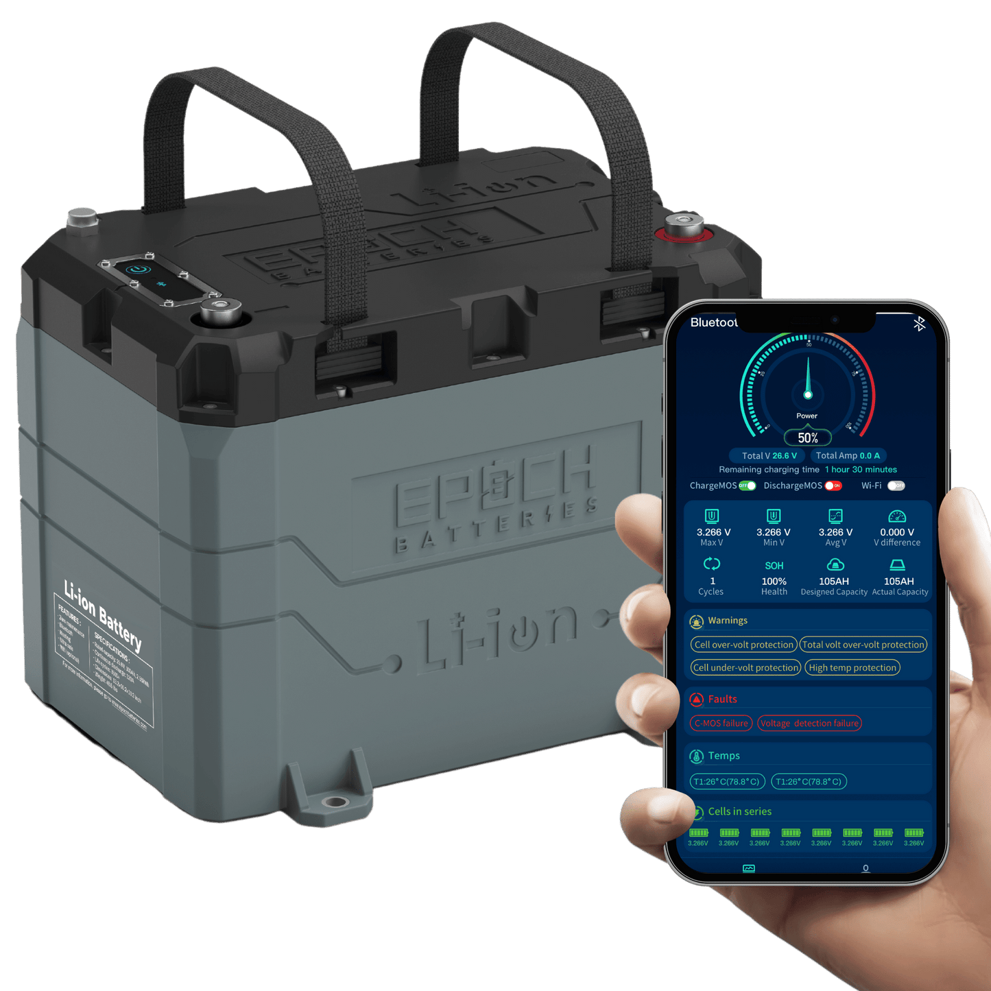 Epoch Batteries 24V 100Ah (2.56kWh) LiFePO4 Lithium Battery - Bluetooth, Heating, Waterproof