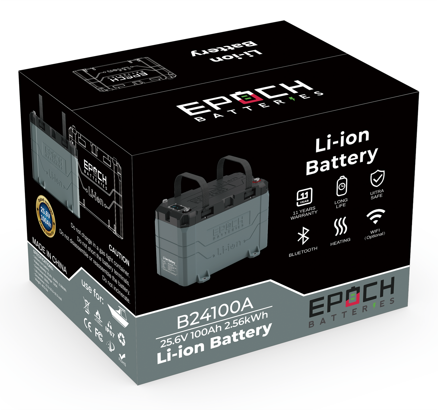 Epoch Batteries 24V 100Ah (2.56kWh) LiFePO4 Lithium Battery - Bluetooth, Heating, Waterproof
