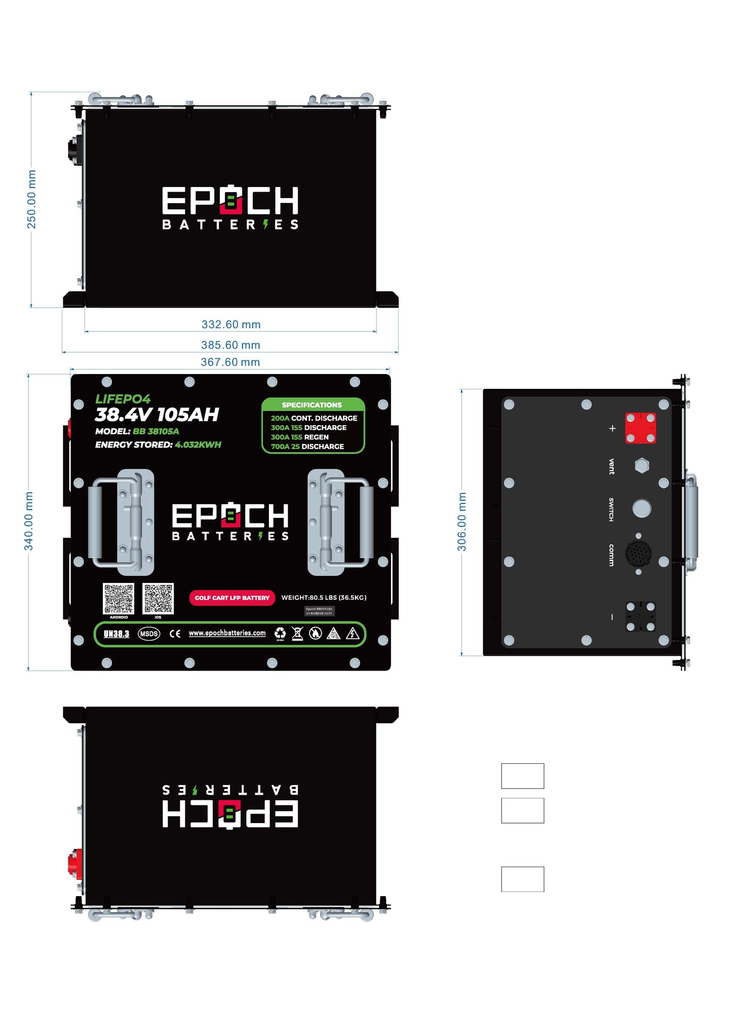 Epoch Batteries 36V 105Ah - LiMax Series - Lithium (LiFePO4) Golf Cart Battery - Complete Kit