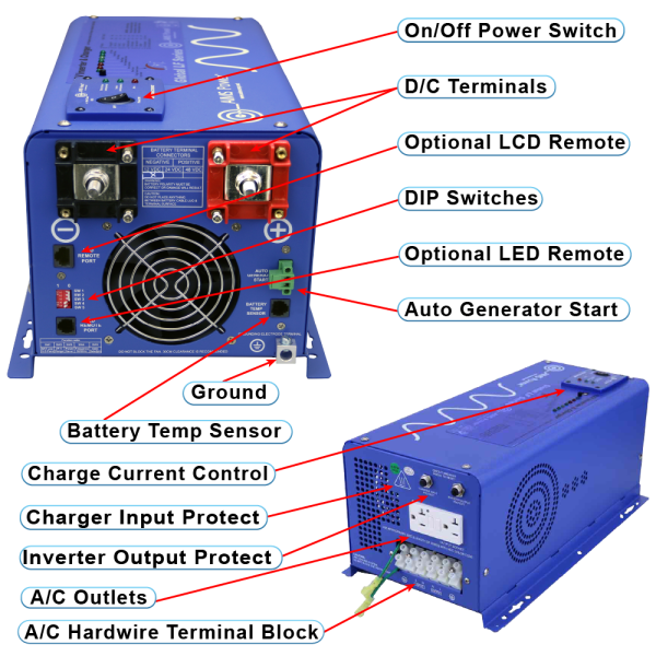 Aims Power PICOGLF20W48V120V 2000 Watt Pure Sine Inverter Charger 48 Volt DC to 120 Volt AC